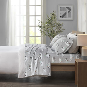 Cozy Flannel Printed Sheet Set in Grey Penguins From True North by Sleep Philosophy