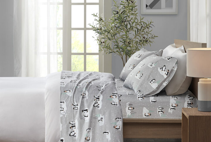 Cozy Flannel Printed Sheet Set in Grey Penguins From True North by Sleep Philosophy