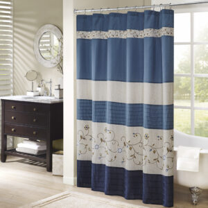 Serene Faux Silk Embroidered Floral Shower Curtain in Navy From Madison Park