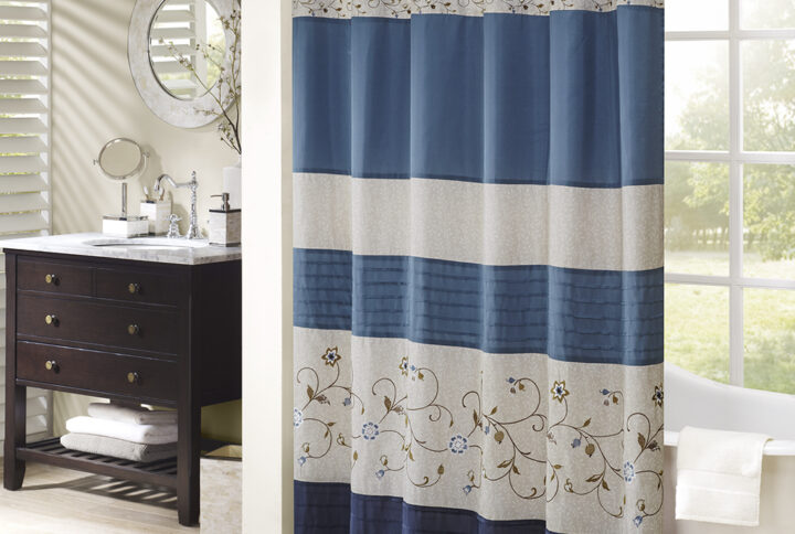 Serene Faux Silk Embroidered Floral Shower Curtain in Navy From Madison Park