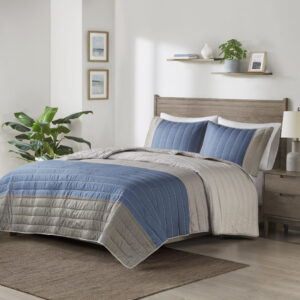 Blake 3 Piece Printed Color Blocking Microfiber Quilt Set in Taupe/Blue From Madison Park