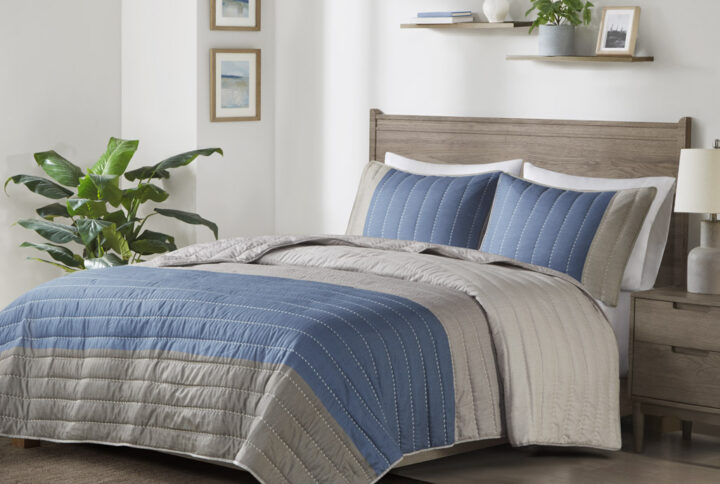 Blake 3 Piece Printed Color Blocking Microfiber Quilt Set in Taupe/Blue From Madison Park