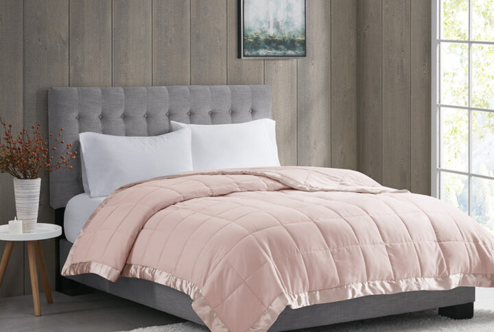 Windom Lightweight Down Alternative Blanket with Satin Trim in Blush From Madison Park