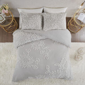 Veronica 3 Piece Tufted Cotton Chenille Floral Duvet Cover Set in Warm Grey/White From Madison Park