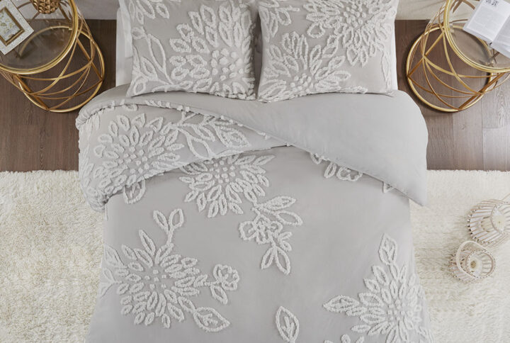 Veronica 3 Piece Tufted Cotton Chenille Floral Duvet Cover Set in Warm Grey/White From Madison Park