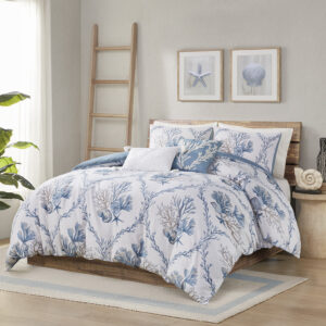 Pismo Beach 5 Piece Cotton Duvet Cover Set with Throw Pillows in Blue/White From Harbor House