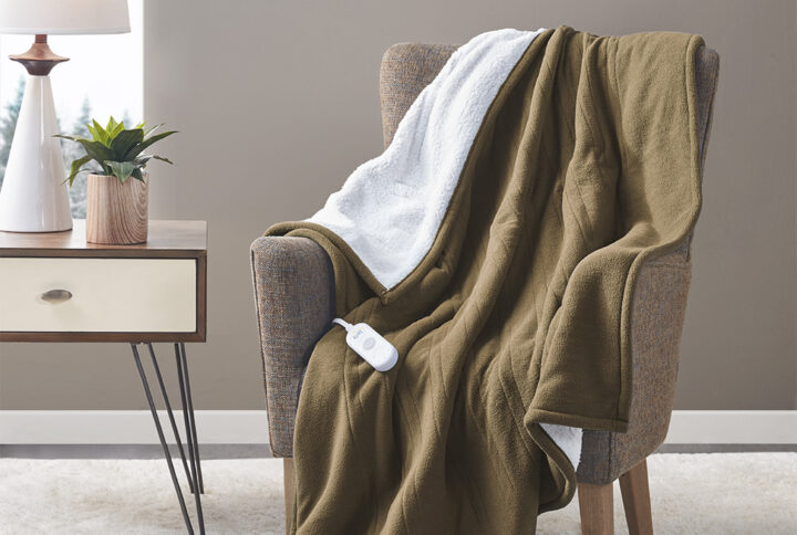 Fleece to Sherpa Heated Throw in Brown From Serta