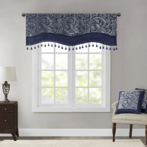 Aubrey Jacquard Window Rod Pocket Valance With Beads in Navy From Madison Park