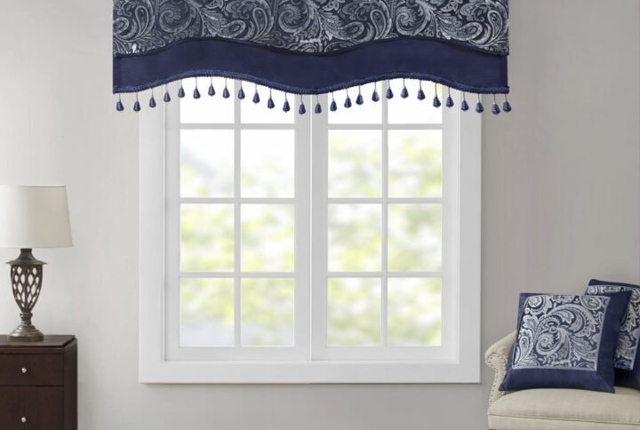 Aubrey Jacquard Window Rod Pocket Valance With Beads in Navy From Madison Park