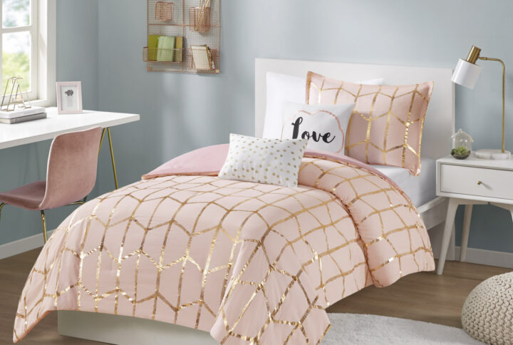 Raina Metallic Printed Comforter Set in Blush/Gold From Intelligent Design