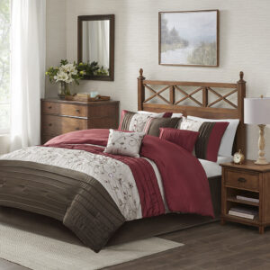 Serene Embroidered 7 Piece Comforter Set in Red From Madison Park