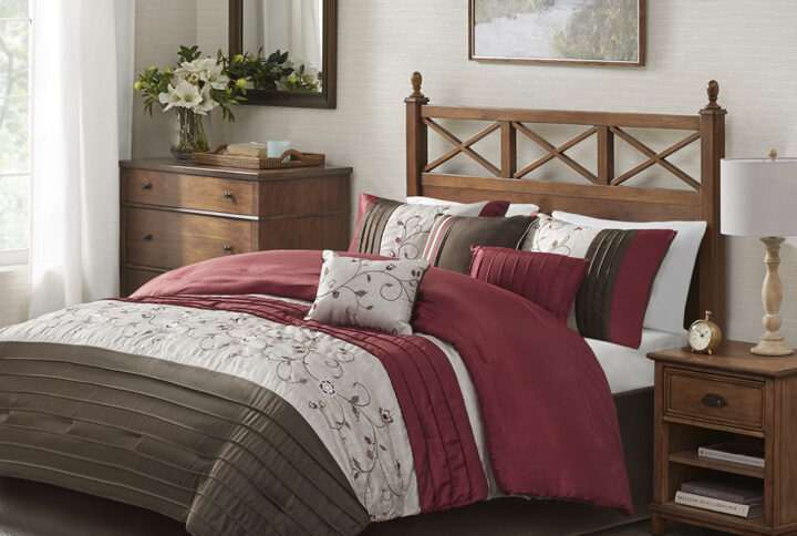 Serene Embroidered 7 Piece Comforter Set in Red From Madison Park