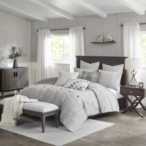 Essence Oversized Cotton Clipped Jacquard Comforter Set with Euro Shams and Throw Pillows in Gray From Madison Park Signature