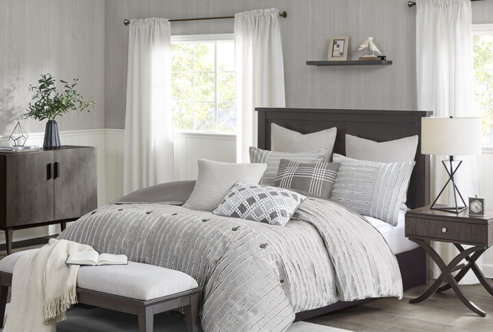 Essence Oversized Cotton Clipped Jacquard Comforter Set with Euro Shams and Throw Pillows in Gray From Madison Park Signature