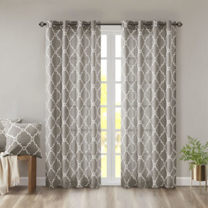 Saratoga Fretwork Print Grommet Top Window Curtain Panel in Grey/White From Madison Park