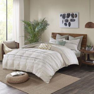 Nea Cotton Printed Duvet Cover Set with Trims in Off White/Gray From INK+IVY