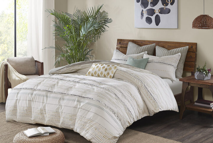 Nea Cotton Printed Duvet Cover Set with Trims in Off White/Gray From INK+IVY