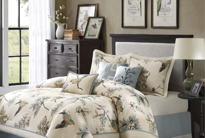 Quincy 7 Piece Printed Cotton Twill Comforter Set in Khaki From Madison Park