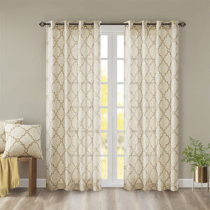 Saratoga Fretwork Print Grommet Top Window Curtain Panel in Beige/Gold From Madison Park