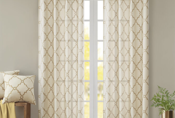 Saratoga Fretwork Print Grommet Top Window Curtain Panel in Beige/Gold From Madison Park