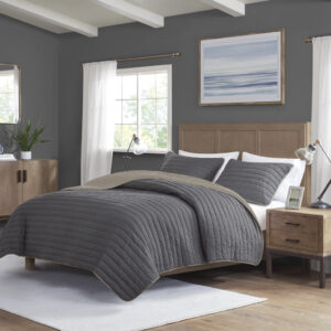 Franklin 3 Piece Crinkled Microfiber Quilt Set in Charcoal From Madison Park