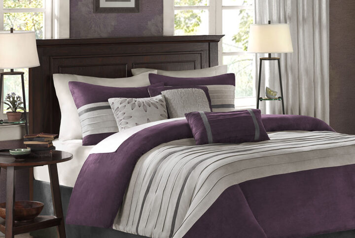 Palmer 7 PC Pieced Faux Suede Comforter Set in Purple From Madison Park