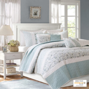 Dawn 6 Piece Cotton Percale Quilt Set with Throw Pillows in Aqua From Madison Park