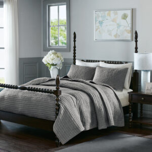 Serene 3 Piece Hand Quilted Cotton Quilt Set in Grey From Madison Park Signature