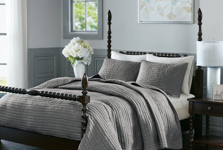 Serene 3 Piece Hand Quilted Cotton Quilt Set in Grey From Madison Park Signature