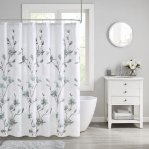 Magnolia Floral Printed Burnout Shower Curtain in Aqua From Madison Park