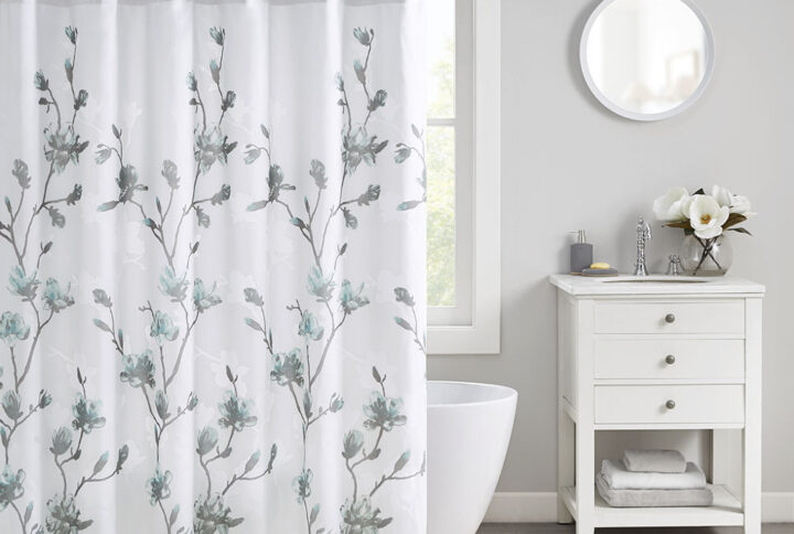 Magnolia Floral Printed Burnout Shower Curtain in Aqua From Madison Park