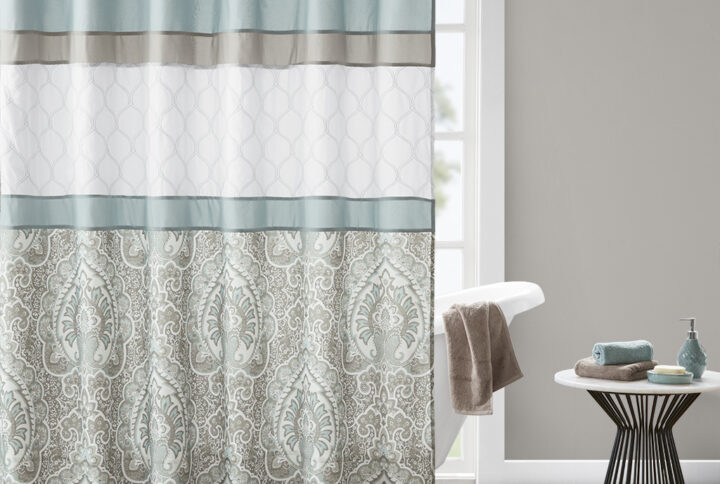 Shawnee Printed and Embroidered Shower Curtain in Seafoam From 510 Design