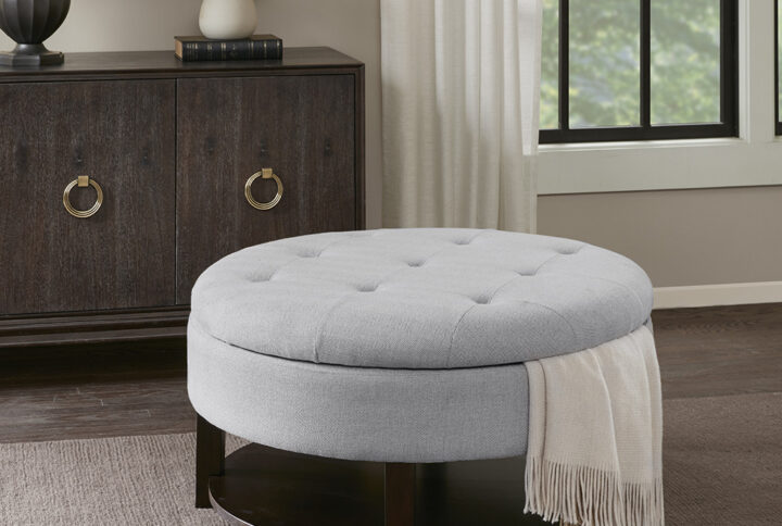 Miller Round Storage Ottoman in Light Grey/Brown From Madison Park