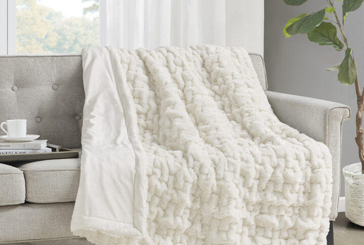 Ruched Fur Throw in Ivory From Madison Park