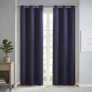 Taren Solid Blackout Triple Weave Grommet Top Curtain Panel Pair in Navy From SunSmart