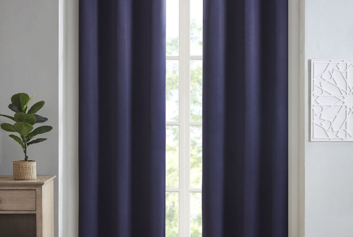 Taren Solid Blackout Triple Weave Grommet Top Curtain Panel Pair in Navy From SunSmart