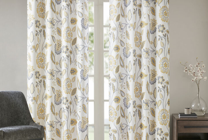 Camille Jacquard Printed Room Darkening Curtain Panel in Yellow From SunSmart