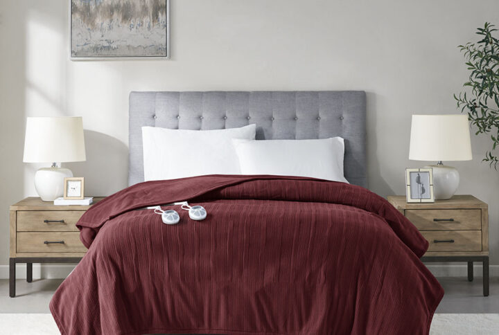 Ribbed Micro Fleece Heated Blanket in Burgundy From Serta