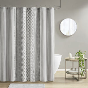 Imani Cotton Printed Shower Curtain with Chenille in Gray From INK+IVY