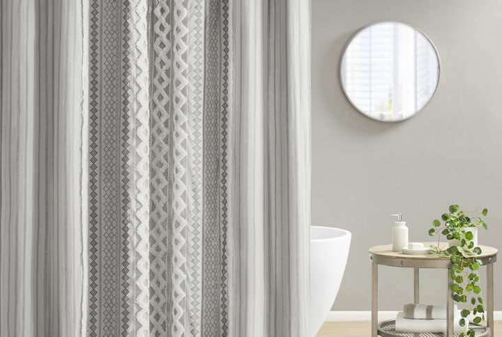 Imani Cotton Printed Shower Curtain with Chenille in Gray From INK+IVY