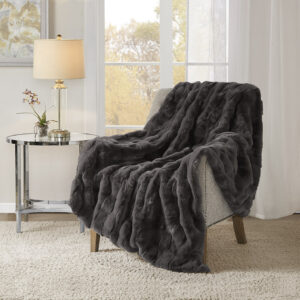 Vivienne Faux Fur Throw in Grey From Madison Park