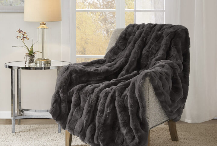 Vivienne Faux Fur Throw in Grey From Madison Park