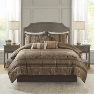 Bellagio 7 Piece Jacquard Comforter Set in Brown/Gold From Madison Park