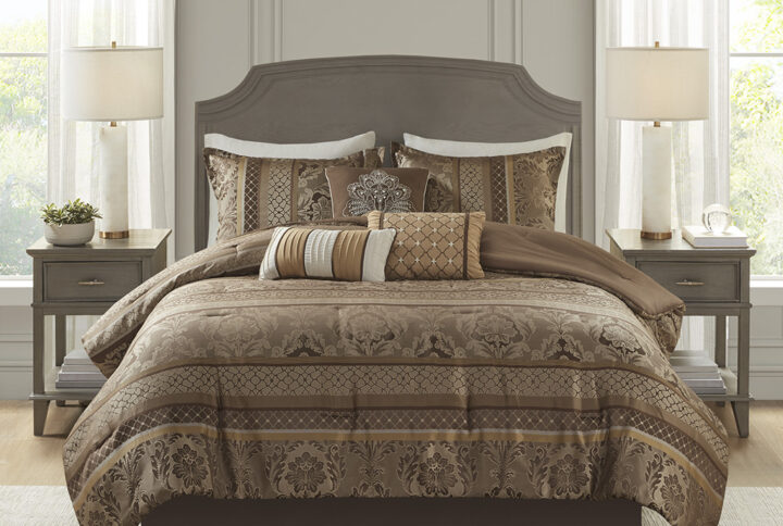 Bellagio 7 Piece Jacquard Comforter Set in Brown/Gold From Madison Park