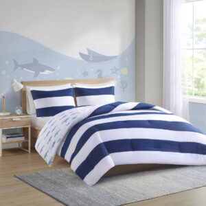 Sammie Cotton Cabana Stripe Reversible Comforter Set with Shark Reverse in Navy From Urban Habitat Kids