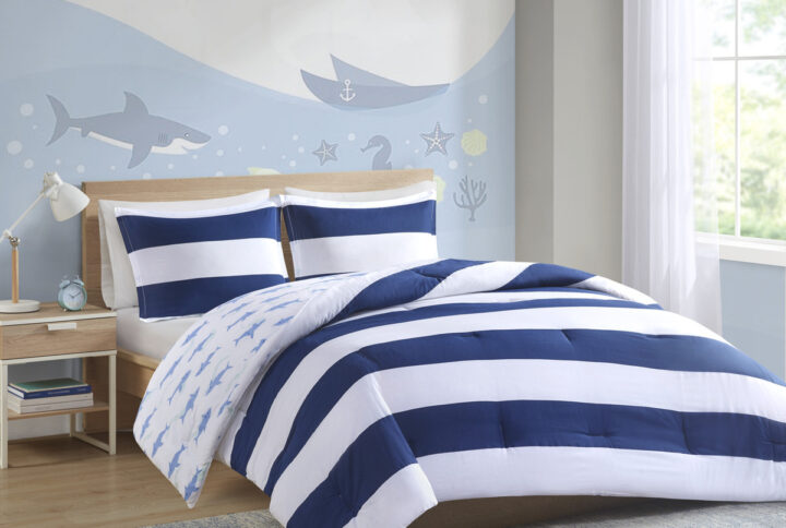 Sammie Cotton Cabana Stripe Reversible Comforter Set with Shark Reverse in Navy From Urban Habitat Kids