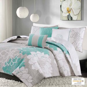 Lola 6 Piece Printed Cotton Quilt Set with Throw Pillows in Aqua From Madison Park