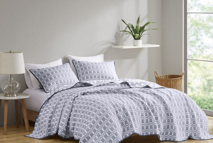 Harlow 3 Piece Reversible Matelasse Coverlet Set in Grey From Madison Park