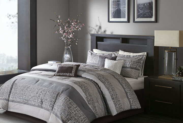 Rhapsody 7 Piece Jacquard Comforter Set in Grey/Taupe From Madison Park