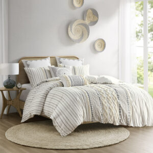 Imani Cotton Printed Duvet Cover Set with Chenille in Ivory From INK+IVY